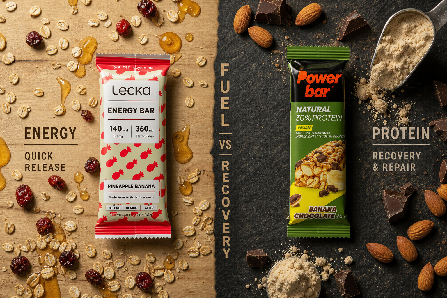 Energy Bars und Protein Bars auf hellem Untergrund als Vergleich für Training und Recovery
