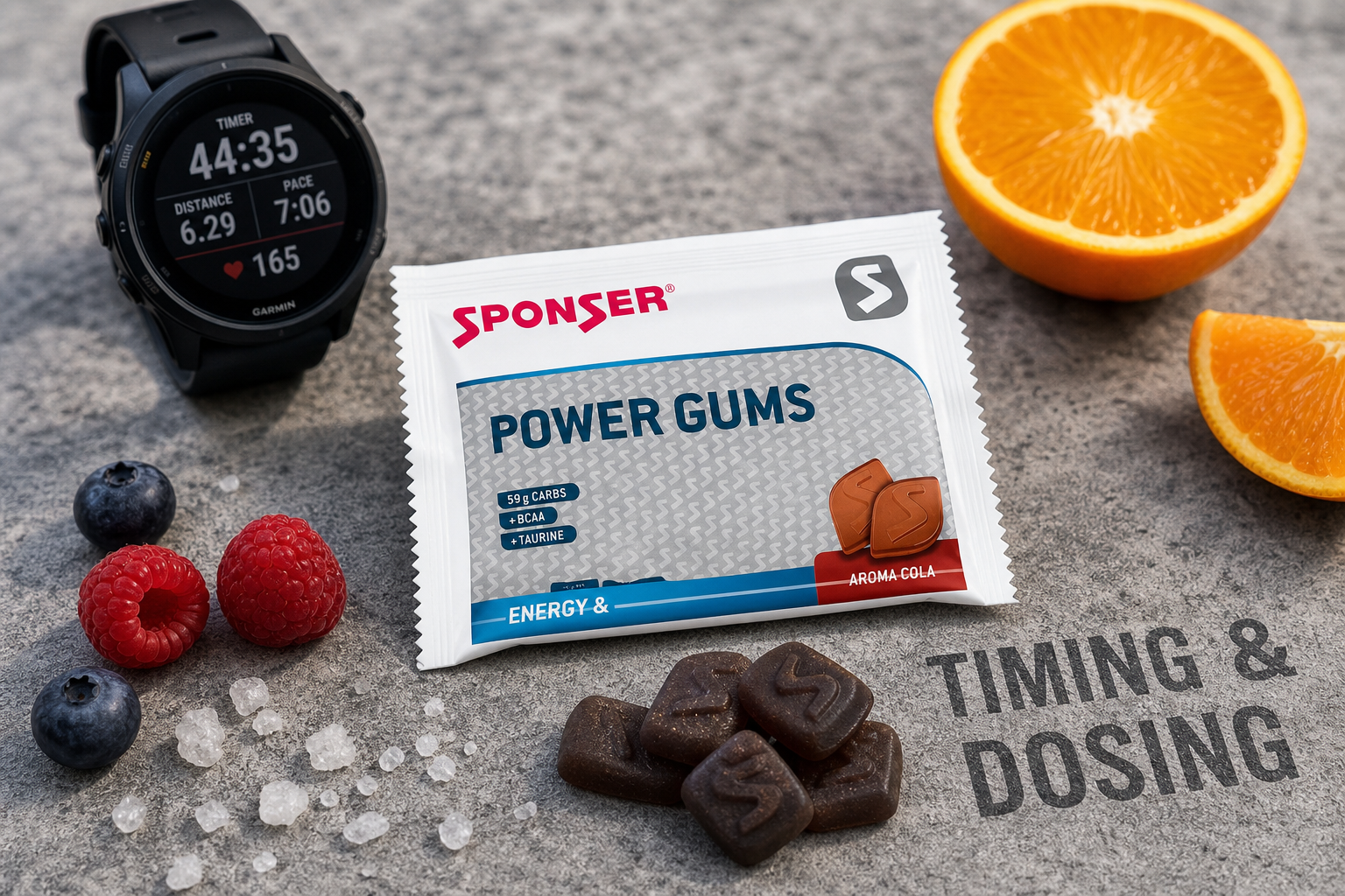 Energy Chews mit Trinkflasche und Sportuhr für Anwendung im Training und Wettkampf