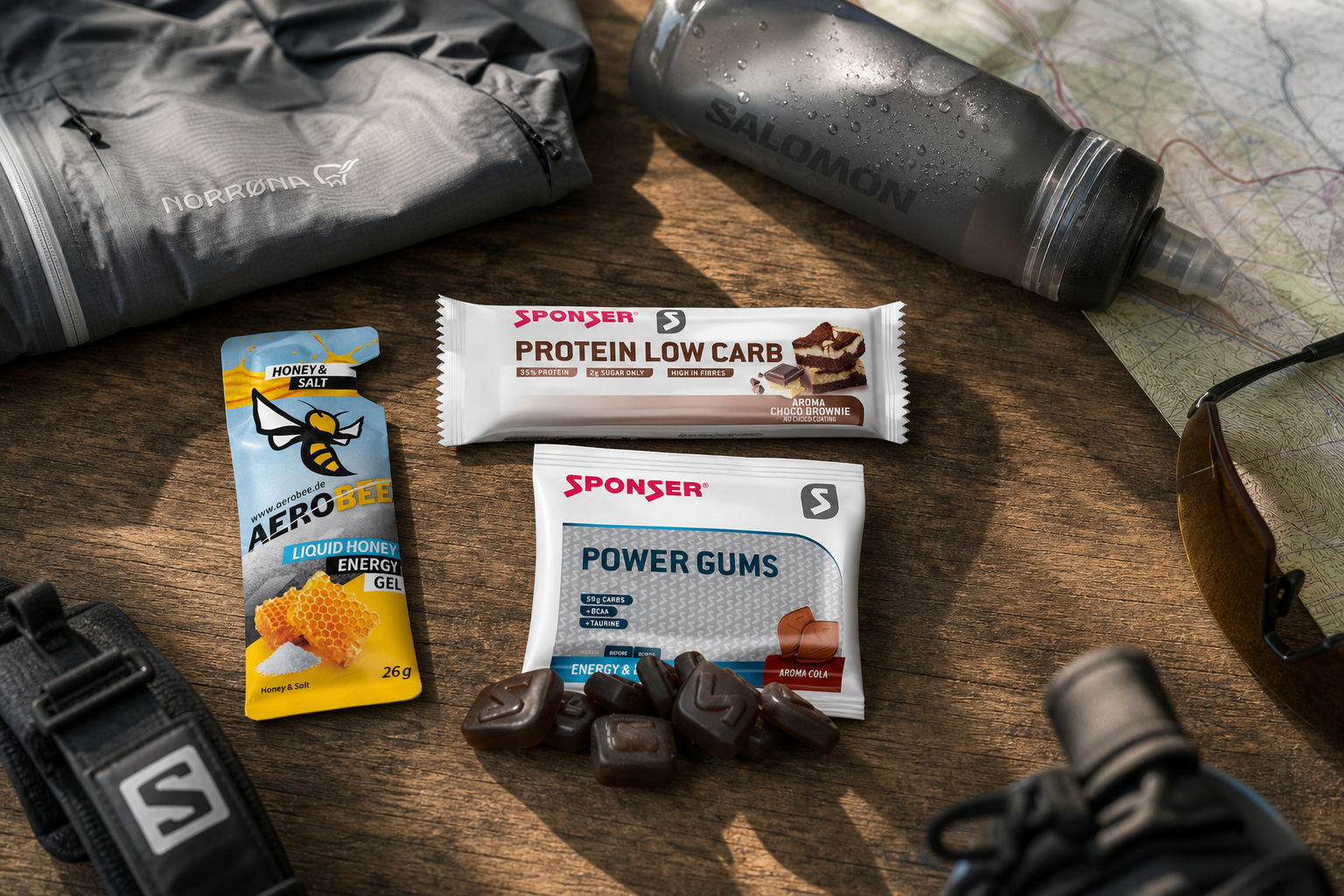 Sportnahrung für lange Einheiten mit Energie Gel, Chew und Riegel auf hellem Untergrund