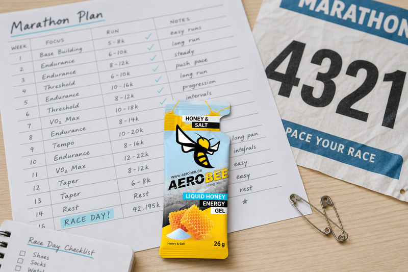 Energie Gel für den ersten Marathon mit Laufschuhen, Trinkflasche und Race-Day-Setup