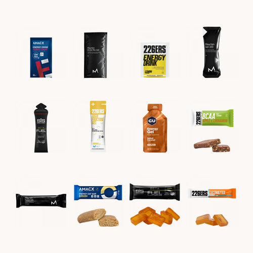 Complete Carb Fuel Testbox mit Sportgetränken, Gels, Riegeln und Chews