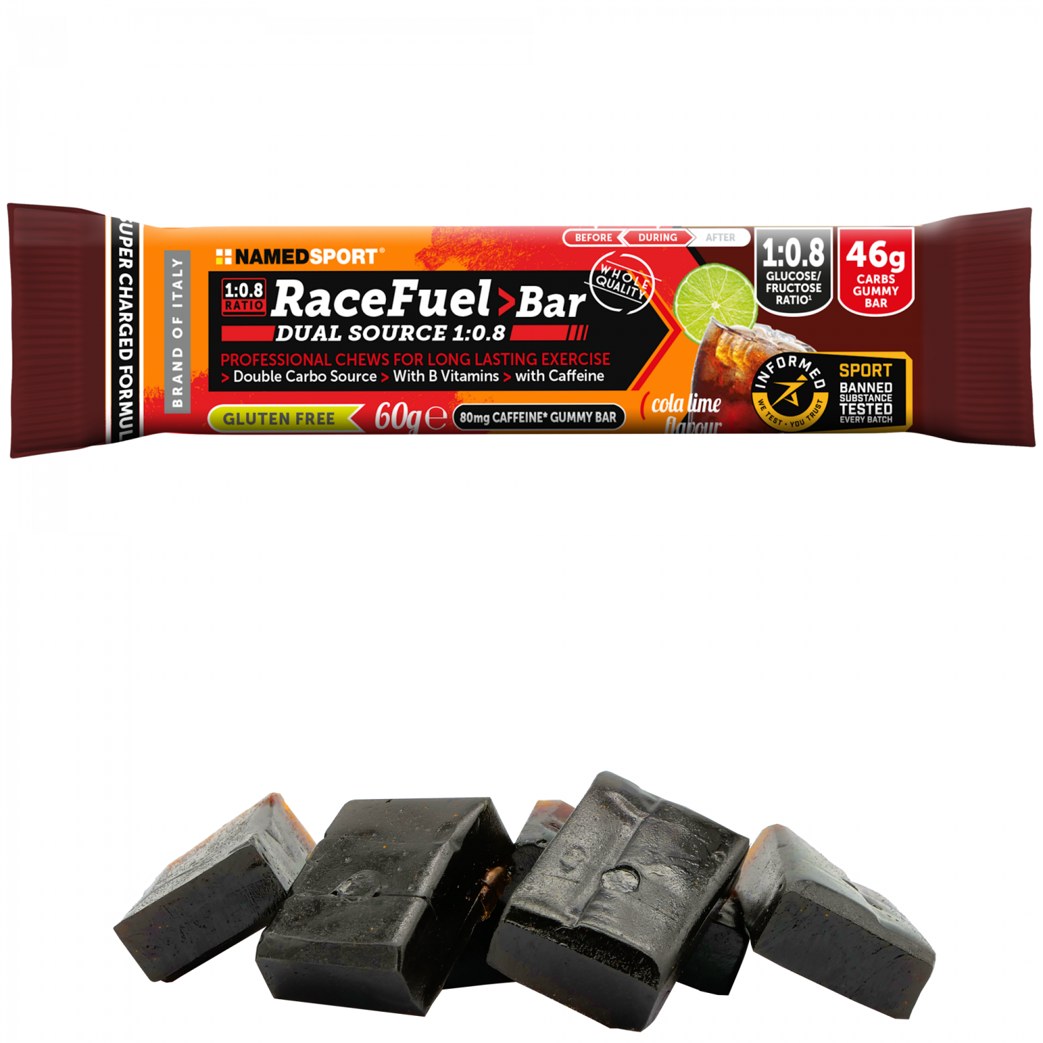 NAMEDSPORT Race Fuel Bar Gummy Bar – Cola-Limette + Koffein