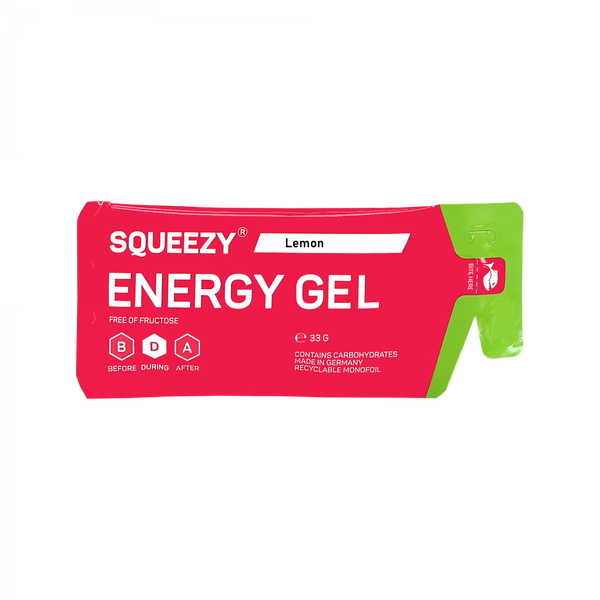 SQUEEZY Energy Gel Zitrone + Koffein 33g – Energy Gel Verpackung | FuelBox